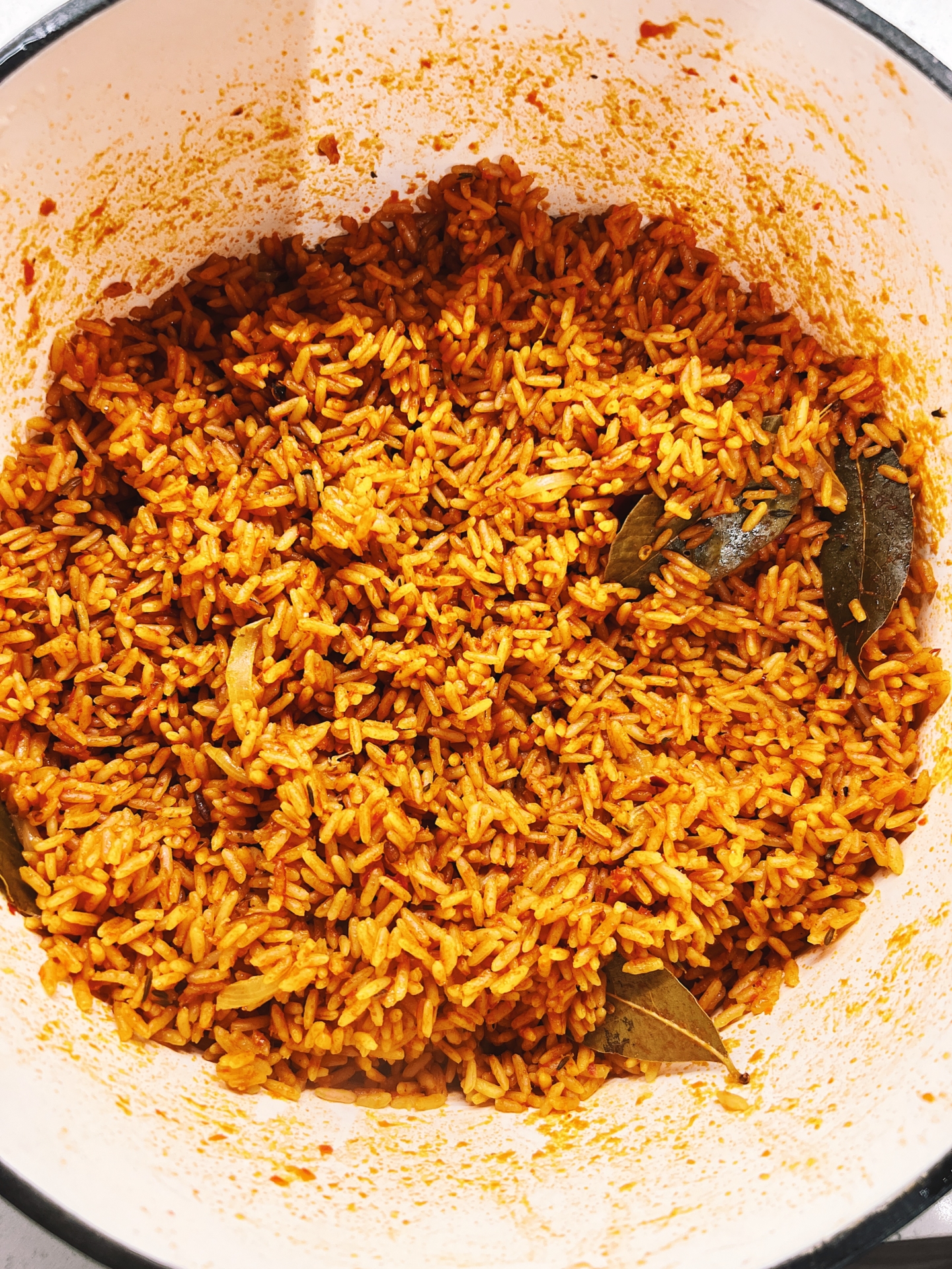 Tayo’s Nigerian jollof rice cooked with bay leaves