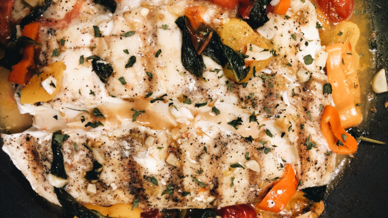 Perfectly Grilled Halibut In A White Wine Tomato Basil Sauce