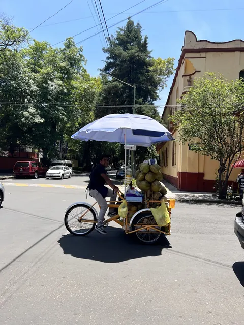 A coconut vendor riding through Mexico City